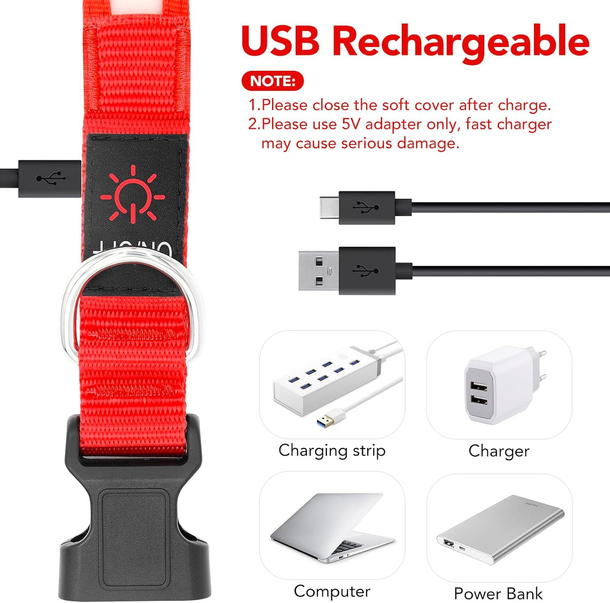 Illuminate Your Dog's Safety with the Adjustable LED Dog Collar - USB Rechargeable & Super Bright (Medium, Red)