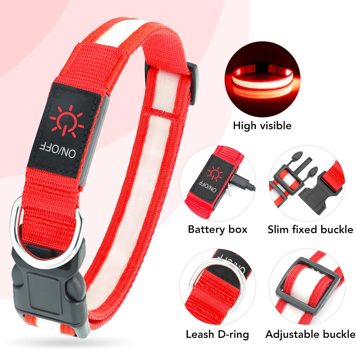 Illuminate Your Dog's Safety with the Adjustable LED Dog Collar - USB Rechargeable & Super Bright (Medium, Red)